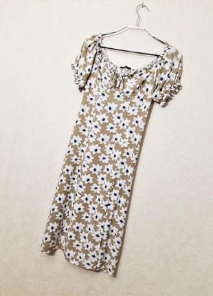 Ariadna — красиве літнє плаття бежеве білі-сині квіти короткі рукави бавовна жіноча сукня4 фото