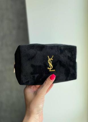 Косметичка черная мягкая плюшевая в стиле saint laurent1 фото