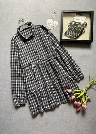 Платье рубашка, в клетку, zara, с карманами, ярусное, серое, расширенное, оверсайз,4 фото