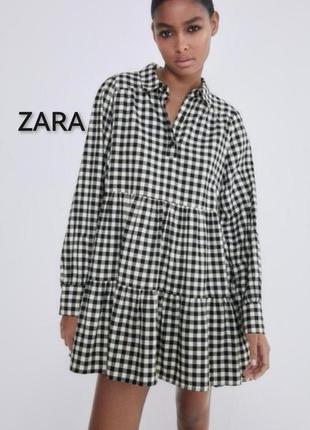 Платье рубашка, в клетку, zara, с карманами, ярусное, серое, расширенное, оверсайз,1 фото