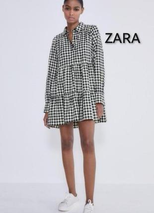 Платье рубашка, в клетку, zara, с карманами, ярусное, серое, расширенное, оверсайз,