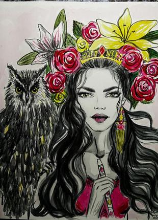 Шикарна картина аквареллю ілюстрація дівчина з квітами і совою #розвантажуюсь