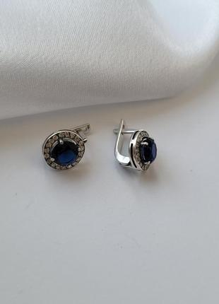 Серебряные серьги (пара) серёжки вставка круг с большим темно синим камнем черненое серебро 925 пробы 210904 фото