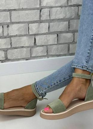 Стильные женские босоножки замш цвет оливковый размер 36 (23,5 см) (48702)