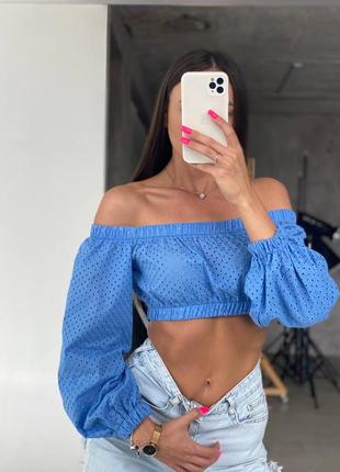 Топ прошва спущенные плечи голубой белый желтый