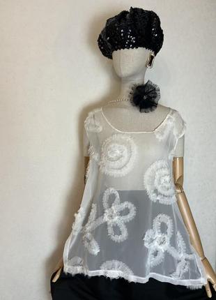 Белая, прозрачная, шифоновая блуза в цветы,майка,балал, большой размер,премиум бренд,niderberger