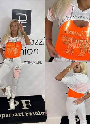 Стильный неоново оранжевый костюм, турция,люкс, летний.