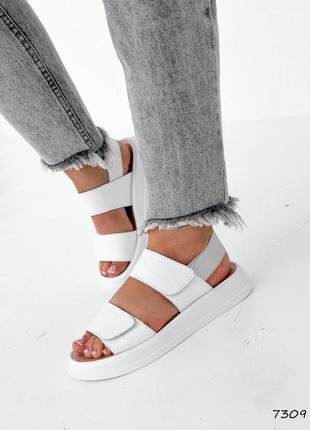 Стильные женские белые сандалии/босоножки на липучках кожаные/кожа-женская обувь на лето