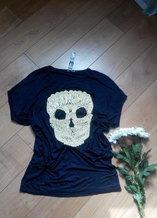 Нова футболка-оверсайз з аплікацією череп темно синя l-xl2 фото
