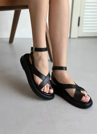 Стильные черные женские сандалии/босоножки на толстой подошве, кожаные/кожа-женская обувь на лето2 фото