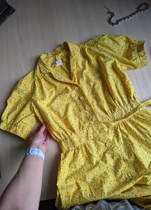Платье желтое ви́нтажное хлопок халат с карманами пояс миди7 фото
