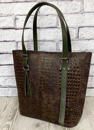 Сумка жіноча натуральна шкіра, коричнева кроко 337