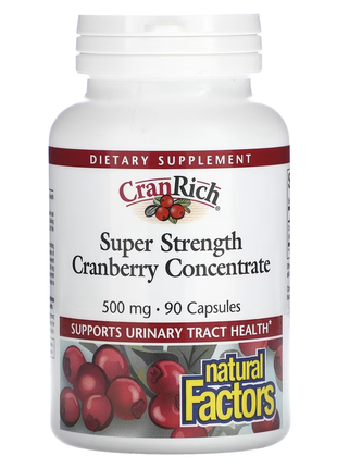 Natural factors, cranrich, super strength, концентрат клюквы, 500 мг, 90 капсул