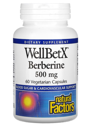 Natural factors, wellbetx, берберин, 500 мг, 60 вегетарианских капсул
