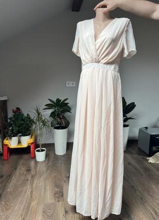 Нежное розовое длинное платье в складку платье на запах долгое праздничное платье летнее