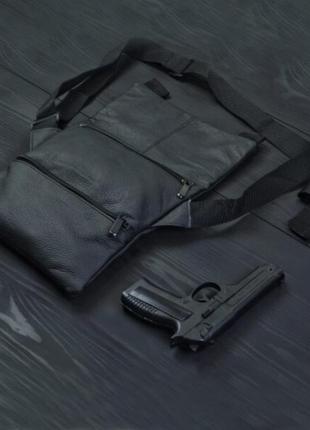 Тактична шкіряна сумка з кобурою, чоловічий месенджер, барсетка - чорний слінг, чоловіча сумка через плече6 фото