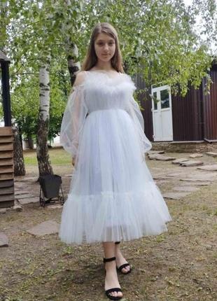Белое выпускное платье из евросетки на 14-17 лет пышное нарядное бальное 40-42 размер