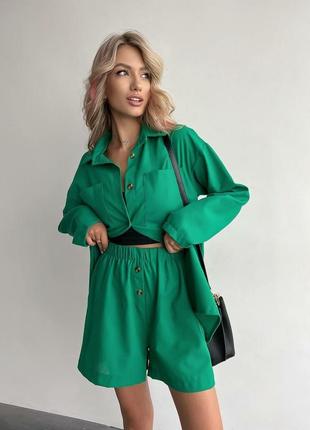 🎨зеленый, беж! шикарный льняной женский костюм рубашка шорты шорты зеленый женский3 фото