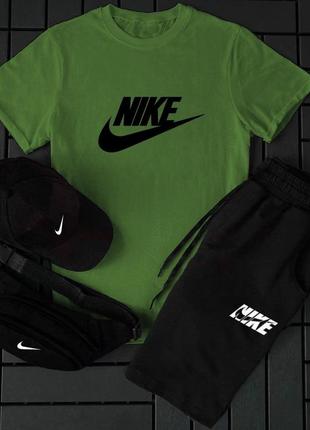 Топ ціна! спортивний якісний літній комплект з принтом в стилі найк nike костюм футболка + шорти + кепка 4 в 1