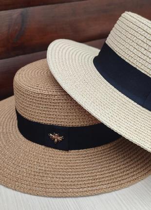 Соломенная шляпа летний пляжный, белая с пчелкой, шляпа кантотье4 фото
