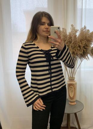 Кофточка лонгслив с завязками в синюю полоску размер s, bershka