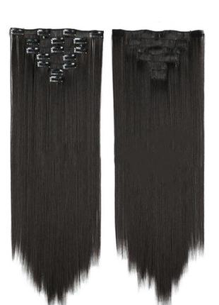 Довге волосся на кліпсах темно каштанового кольору 55 см волосся треси волося на заколках прямі брюнет1 фото