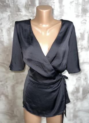 Чорна атласна блузка на запах,сатинова блуза,великий розмір,батал(031)2 фото
