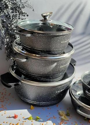 Набор казанов с мраморным антипригарным покрытием edenberg eb-12911 набор кухонной посуды 10 предметов черный2 фото