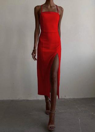 Красное вечернее нарядное облегающее платье миди с распоркой 3 цвета.1 фото