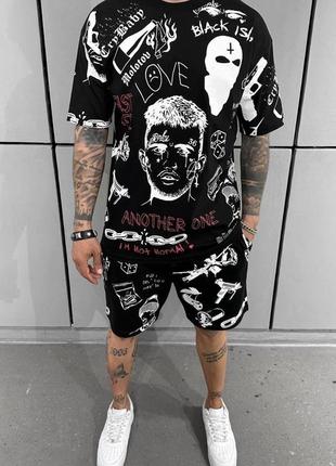 Костюм с принтами тату lil peep chaos black island трендовый комплект шорты и футболка качественный стильный молодежный