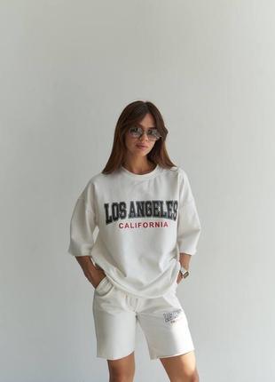 Хлопковый костюм los angeles шорты футболка качественный базовый молочный сырой черный трендовый стильный хлопковый комплект4 фото