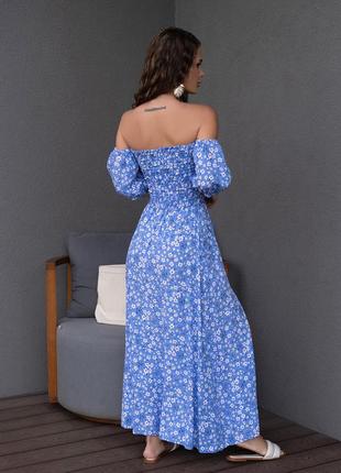 Платье-макси с жаткой на груди голубой принт s-xl3 фото