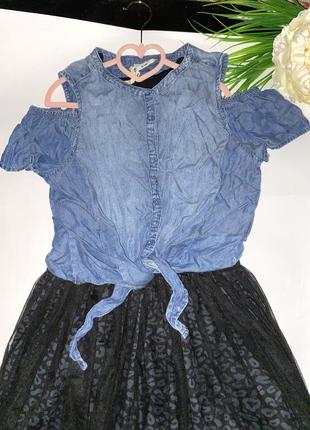 Платье черного цвета с фатиновой юбочкой для девочки. джинсовая блузка-накидка// 158 см.7 фото