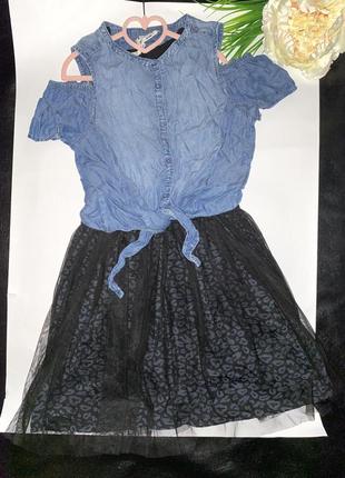Платье черного цвета с фатиновой юбочкой для девочки. джинсовая блузка-накидка// 158 см.8 фото