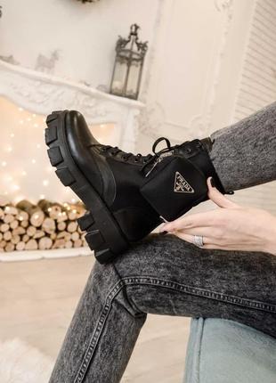 Женские ботинки prada leather boots nylon pouch black прада сапоги4 фото