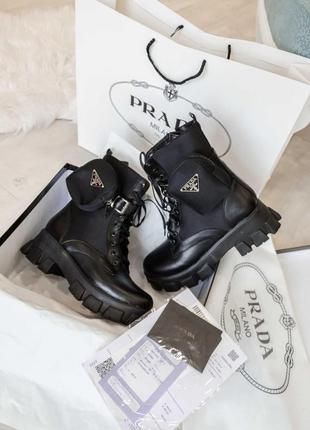 Женские ботинки prada leather boots nylon pouch black прада сапоги5 фото