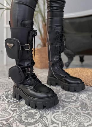 Женские ботинки prada boots zip pocket black high прада сапоги