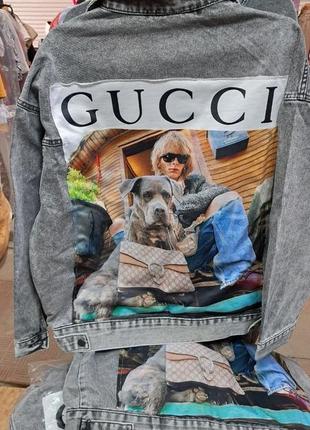 Куртка джинсова в стилі gucci графіт сіра з принтом