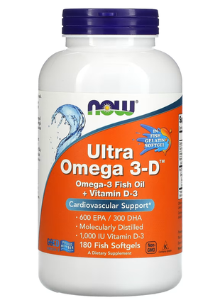 Now foods, ultra omega 3-d, 600 епк/300 дгк, 180 рибних капсул