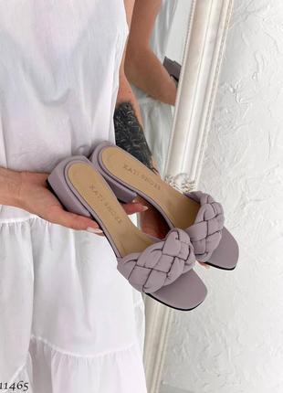 Шлепанцы лиловые, лиловые кожаные шлепанцы, шлепанцы косы кожа,11465