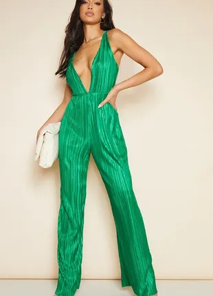 Изумрудный зеленый женский комбинезон с брюками брюки палаццо плиссе плиссе на бретелях1 фото