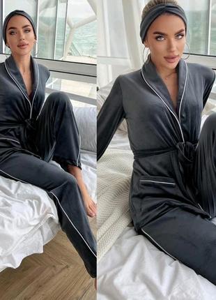 Жіноча піжама велюр домашній костюм на запах бархатна піжама короткий халат штани домашній костюм