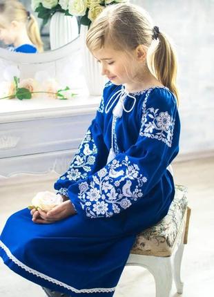 Вышиванка платье детское синее, на домотканом полотне