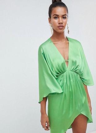 Зелене сатинове плаття-кімоно2 фото