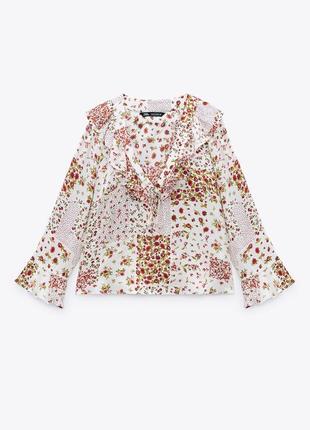 Топ блуза в цветочный винтажный принт с оборками воротничок волан фальбанка рюши2 фото