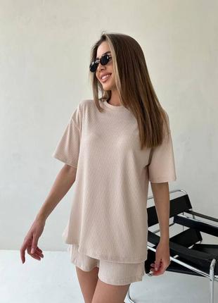 Летний женский костюм шорты и футболка бежевый цвет рубчик размер 42-44, 46-482 фото