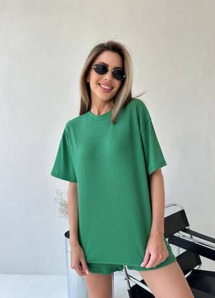 Летний женский костюм шорты и футболка зеленый цвет рубчик размер 42-44, 46-482 фото