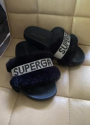 Хутряні тапки шльопанці меховые шлёпанцы тапочки superga