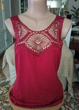 Женская майка футболка топ блуза новая бордовый цвет недорогая с вышивкой трикотажная нарядная стильная повседневная летняя1 фото