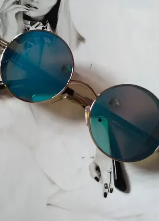 Круглые очки тешейды с шорами голубой+серебро.1 фото